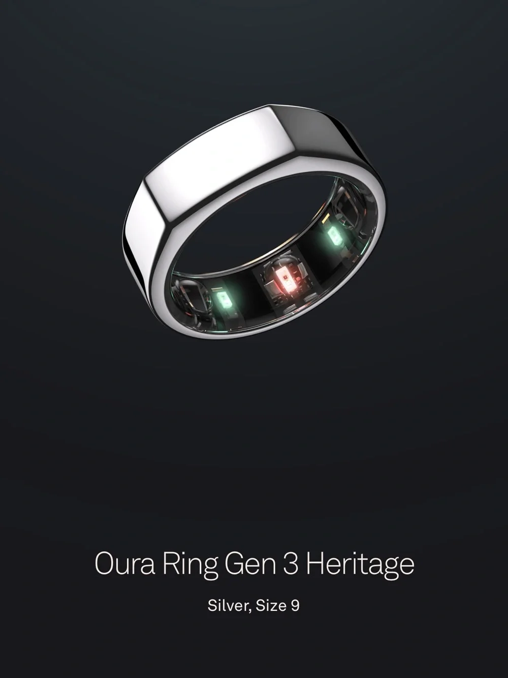 Oura Smart Ring in Polished Silver with Green & Red Sensor LEDs